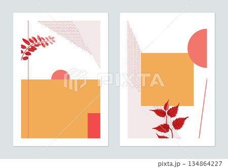 Minimalist botanical poster template design, plants and symmetry shapes, red and orange tones Minimalist botanical poster template design, plants and symmetry shapes, red and orange tones 134864227