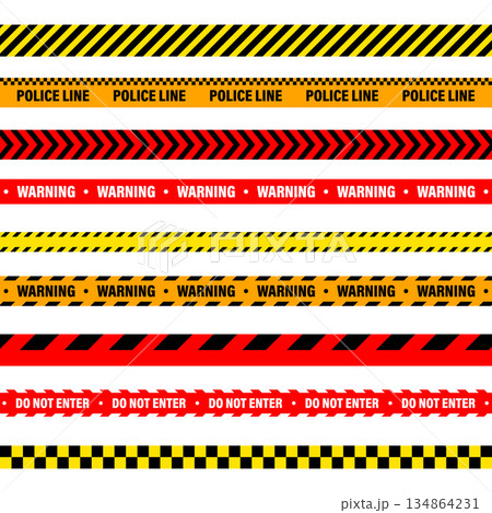 Barricade construction tape. Colorful police warning line, brightly colored danger or hazard stripe, ribbon. Restricted area, zone. Attention symbol. Vector illustration Barricade construction tape. Colorful police warning line, brightly colored danger or hazard stripe, ribbon. Restricted area, zone. Attention symbol. Vector illustration 134864231