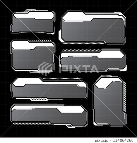 White futuristic HUD, UI elements. Sci-fi user interface text boxes, callouts. Warning message frames, information boxes template. Modern game interface layout in digital style. Vector illustration 134864260