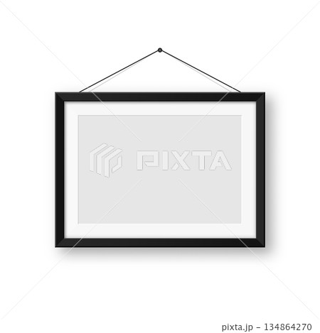 Realistic blank black picture frames collection. Modern poster mockup for artwork, photography, or advertising. Perfect for art galleries, interior decor, and branding. Vector illustration 134864270