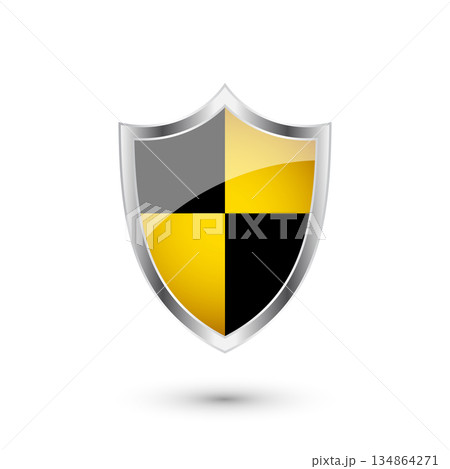 Glossy shield with yellow and black pattern. Security and protection concept. Cyber safety icons, internet privacy, web defense, digital data protection and antivirus themes. Vector illustration 134864271