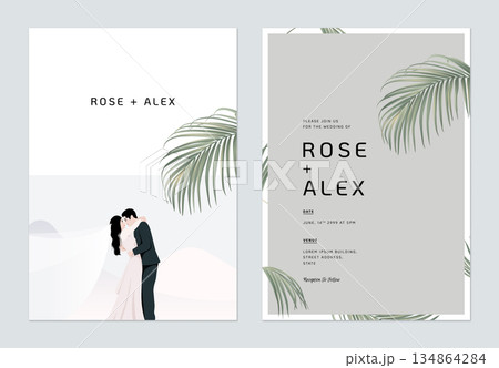 Minimalist, foliage wedding invitation card template design, wedding photo decorated with indoor palm leaves Minimalist, foliage wedding invitation card template design, wedding photo decorated with indoor palm leaves 134864284