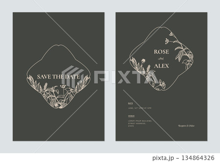 Minimalist wedding invitation card template design, floral line art ink drawing on dark green Minimalist wedding invitation card template design, floral line art ink drawing on dark green 134864326