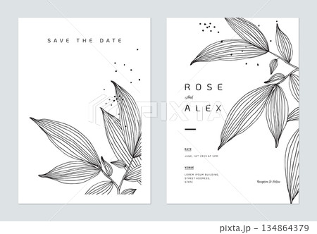 Minimalist wedding invitation card template design, leaves line art ink drawing on white 134864379