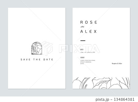 Minimalist wedding invitation card template design, flower line art ink drawing on white Minimalist wedding invitation card template design, flower line art ink drawing on white 134864381