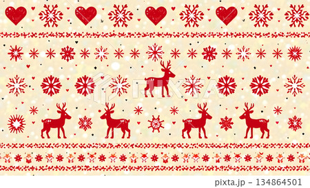Geometric shapes like snowflakes and hearts blend seamlessly with reindeer motifs in this classic 134864501
