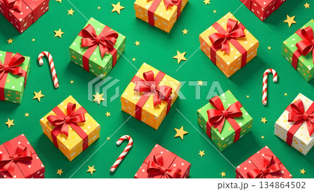 A seamless pattern featuring colorful wrapped presents with oversized bows, red-and-white candy canes, and twinkling stars, symmetrically arranged on a vibrant green background 134864502
