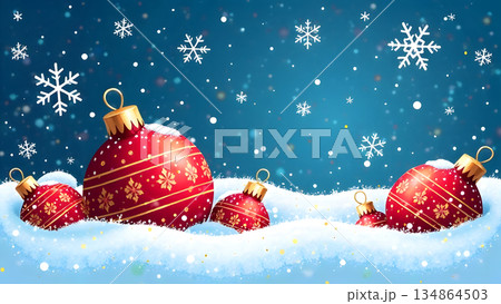 Glossy holiday ornaments surrounded by glittering snow bring a sense of charm to this seamless winter 134864503