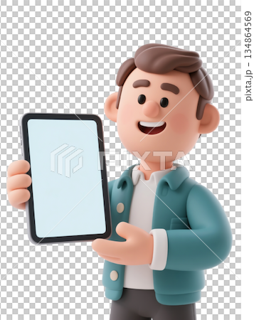 3D cartoon businessman presenting rocket launch app on digital tablet, isolated on white background 134864569