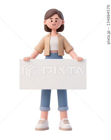 3D cartoon girl holding horizontal blank sign, smiling character in casual clothes, isolated on white background 3D cartoon girl holding horizontal blank sign, smiling character in casual clothes, isolated on white background 134864570