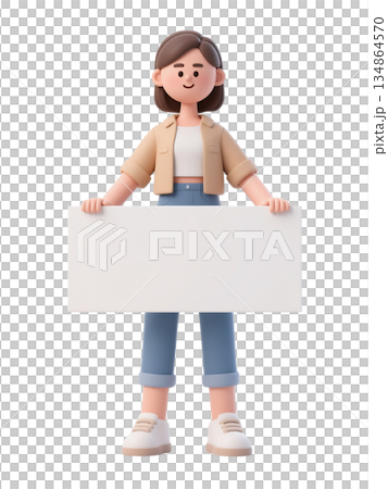 3D cartoon girl holding horizontal blank sign, smiling character in casual clothes, isolated on white background 3D cartoon girl holding horizontal blank sign, smiling character in casual clothes, isolated on white background 134864570