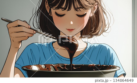 バレンタインプレゼント用のチョコレートを一生懸命作っている若い女性