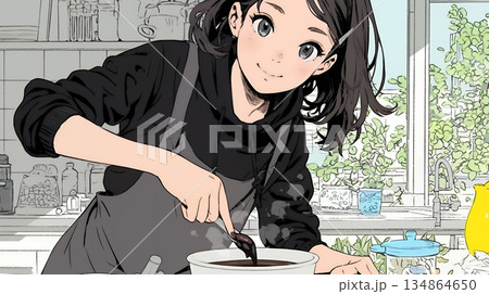 バレンタインプレゼント用のチョコレートを一生懸命作っている若い女性