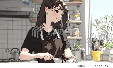 バレンタインプレゼント用のチョコレートを一生懸命作っている若い女性