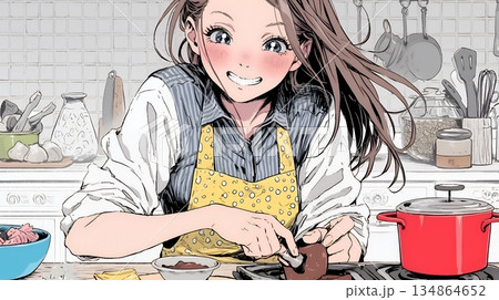 バレンタインプレゼント用のチョコレートを一生懸命作っている若い女性