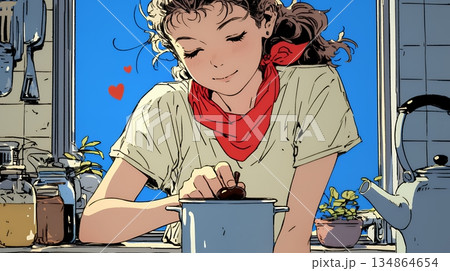 バレンタインプレゼント用のチョコレートを一生懸命作っている若い女性