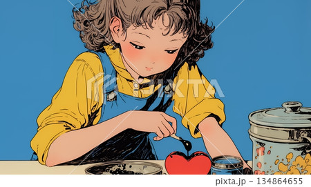 バレンタインプレゼント用のチョコレートを一生懸命作っている若い女性