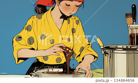 バレンタインプレゼント用のチョコレートを一生懸命作っている若い女性