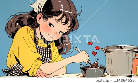 バレンタインプレゼント用のチョコレートを一生懸命作っている若い女性