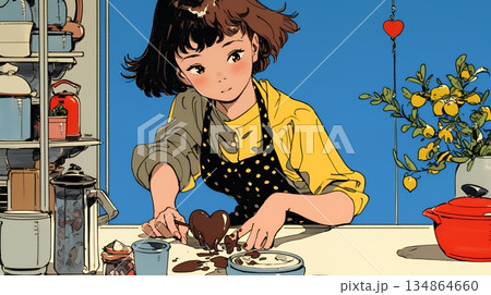 バレンタインプレゼント用のチョコレートを一生懸命作っている若い女性