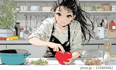 バレンタインプレゼント用のチョコレートを一生懸命作っている若い女性