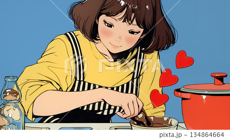 バレンタインプレゼント用のチョコレートを一生懸命作っている若い女性