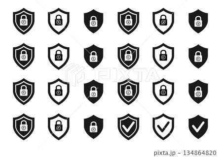 Set of security shield icons. Lock security icon with currency symbol. Safety protection security shield sign. Set of security shield icons. Lock security icon with currency symbol. Safety protection security shield sign. 134864820