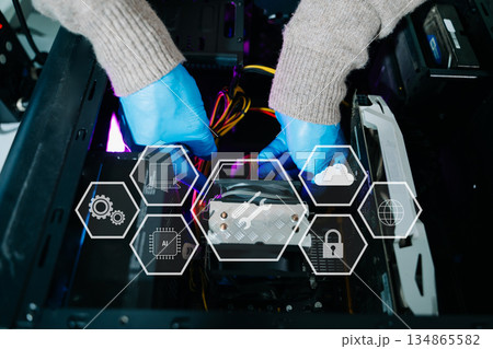 Electronics assembly and RAM installation with high-tech components. Ideal for showcasing advanced technology and computer engineering concepts Electronics assembly and RAM installation with high-tech components. Ideal for showcasing advanced technology and computer engineering concepts 134865582