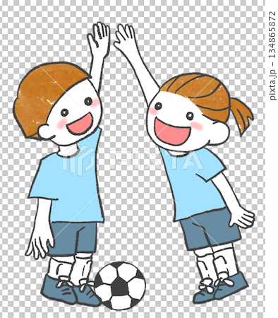 Soccer players giving a high five Soccer players giving a high five 134865872