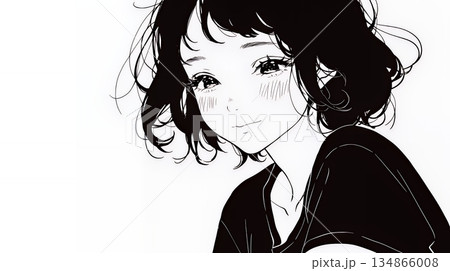 悲しげな目で微笑む（Smiling with sad eyes）若い女性（シンプルな色使い）