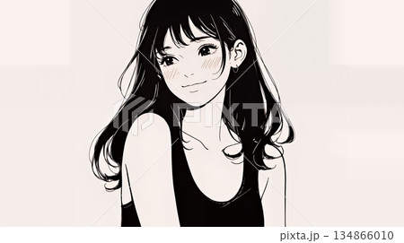 悲しげな目で微笑む（Smiling with sad eyes）若い女性（シンプルな色使い）