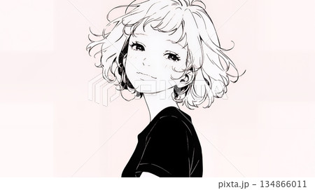 悲しげな目で微笑む（Smiling with sad eyes）若い女性（シンプルな色使い）