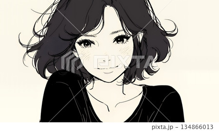 悲しげな目で微笑む（Smiling with sad eyes）若い女性（シンプルな色使い）