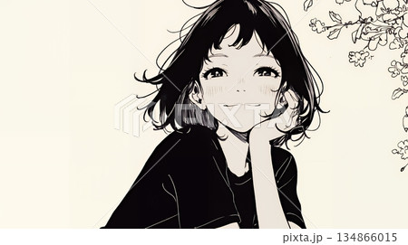 悲しげな目で微笑む（Smiling with sad eyes）若い女性（シンプルな色使い）