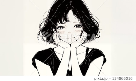 悲しげな目で微笑む（Smiling with sad eyes）若い女性（シンプルな色使い）