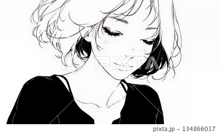 悲しげな目で微笑む（Smiling with sad eyes）若い女性（シンプルな色使い）