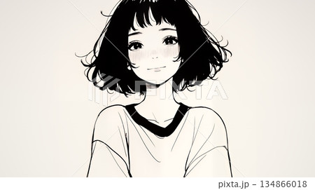 悲しげな目で微笑む（Smiling with sad eyes）若い女性（シンプルな色使い）