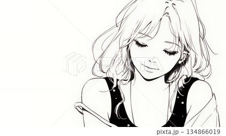 悲しげな目で微笑む（Smiling with sad eyes）若い女性（シンプルな色使い）