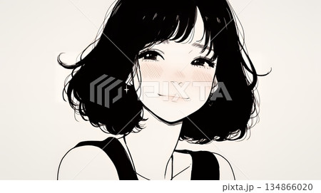 悲しげな目で微笑む（Smiling with sad eyes）若い女性（シンプルな色使い）