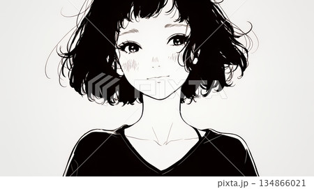 悲しげな目で微笑む（Smiling with sad eyes）若い女性（シンプルな色使い）