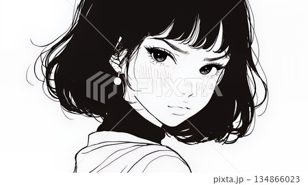 悲しげな目で微笑む（Smiling with sad eyes）若い女性（シンプルな色使い）