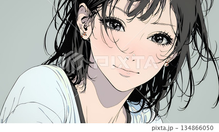 悲しげな目で微笑む（Smiling with sad eyes）若い女性