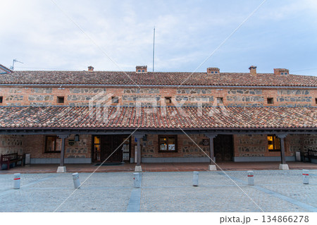 Historic Stone and Brick Paradores Hotel Courtyard with Terra Cotta Roof. Historic Stone and Brick Paradores Hotel Courtyard with Terra Cotta Roof. 134866278