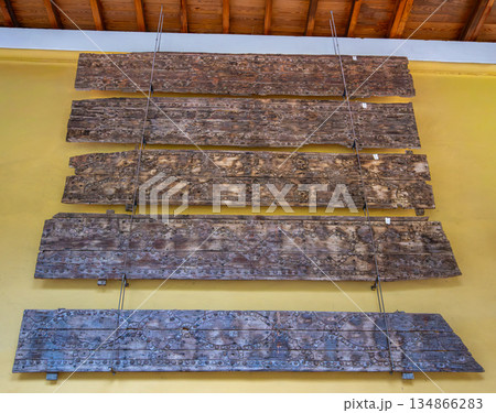 Ancient Carved Wooden Beams at Mezquita-Cathedral in Cordoba Spain. 134866283