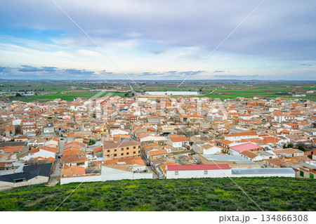 Panoramic view of Consuegra town with farmland plains in spring, Spain. 134866308
