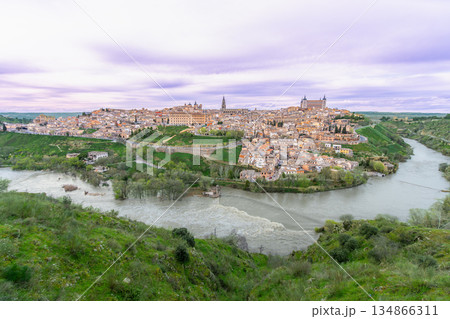 Panorama of Toledo old town and Rio Tajo river at sunset. Panorama of Toledo old town and Rio Tajo river at sunset. 134866311