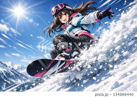 青空の雪山でジャンプするスノーボード姿のアニメ美少女 青空の雪山でジャンプするスノーボード姿のアニメ美少女 134866440