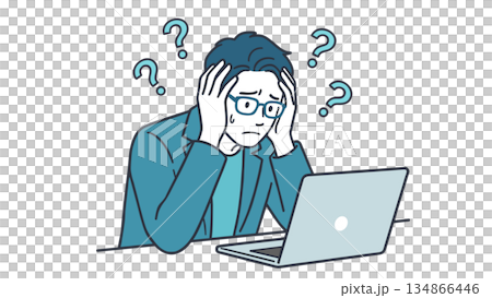 パソコン作業で考え込む男性のビジネスイラスト_課題・問題・検討シーン 134866446