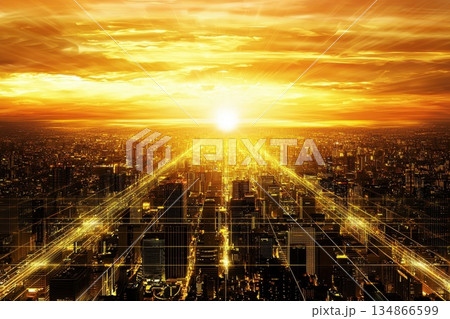 Retro Futuristic Cityscape with Neon Grid Effects and Synthwave Aesthetic at Sunset Retro Futuristic Cityscape with Neon Grid Effects and Synthwave Aesthetic at Sunset 134866599