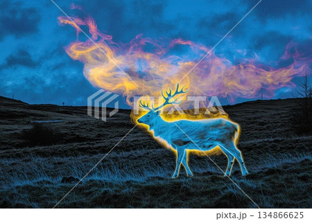 Ethereal Stag Breathing Out Magical Mist Across Icy Field at Dusk Ethereal Stag Breathing Out Magical Mist Across Icy Field at Dusk 134866625
